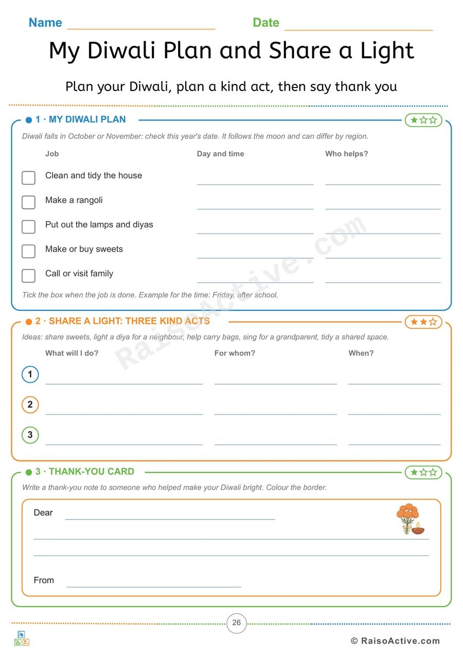 My Diwali Plan, Three Kind Acts and a Thank-You Card Worksheet