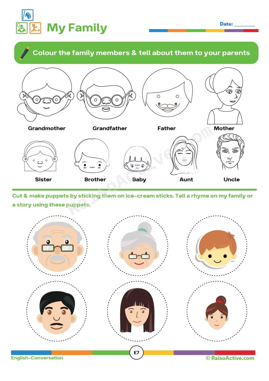 My Family: Color and Create Puppets Worksheet