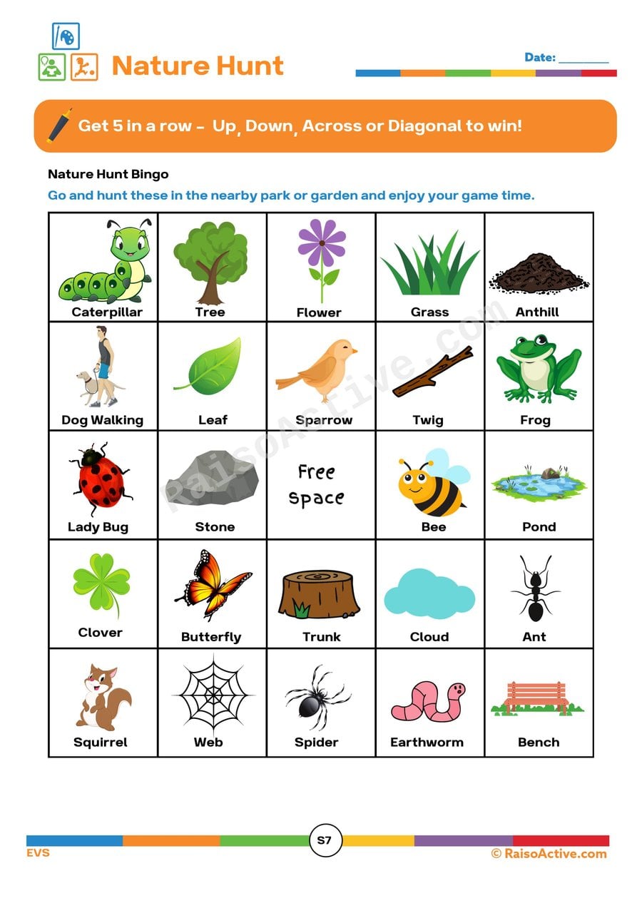 Nature Hunt Bingo Worksheet for Kids