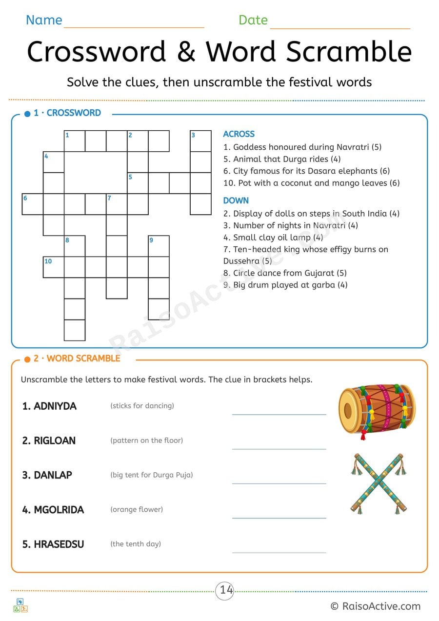 Navratri Crossword and Word Scramble