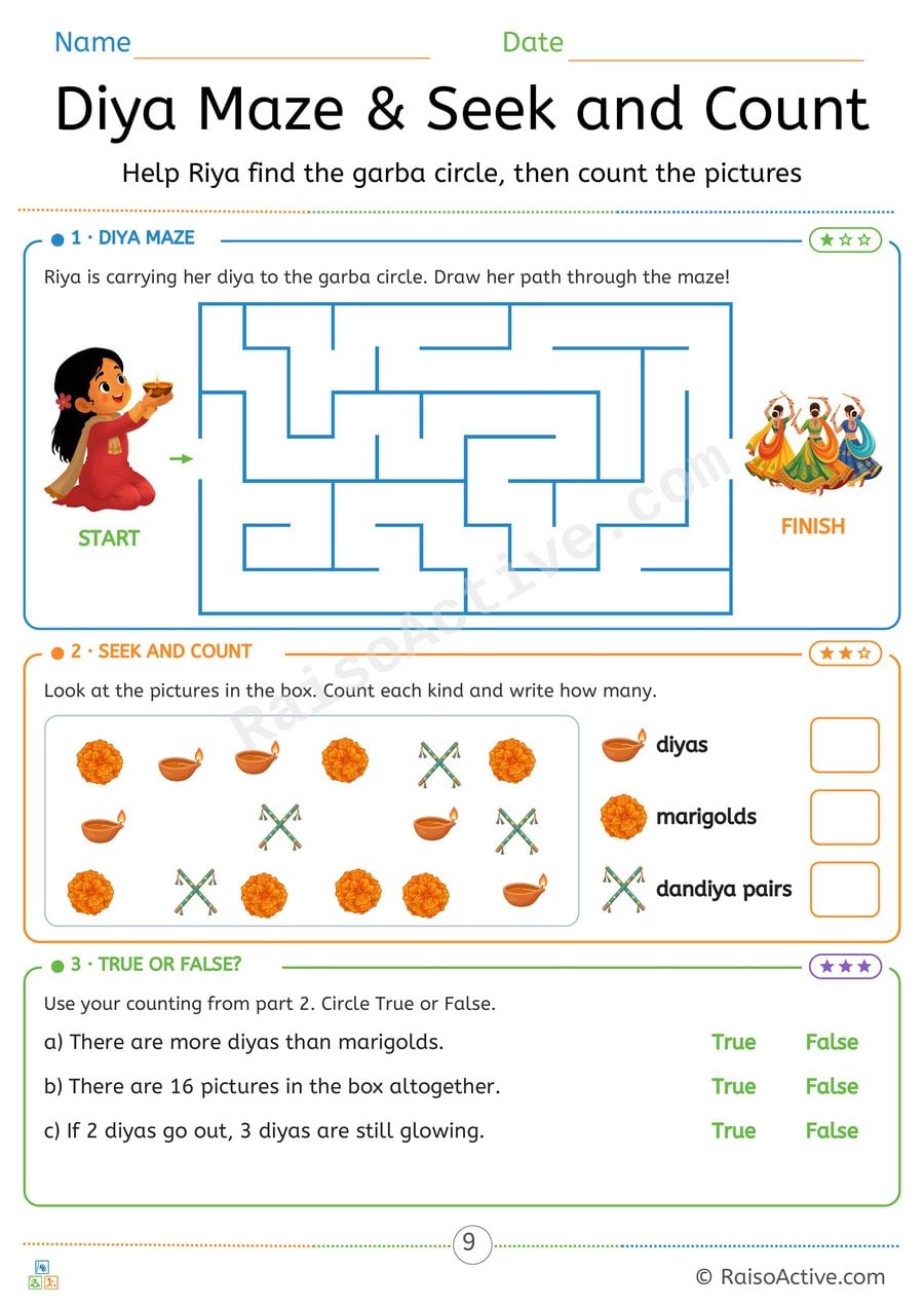 Navratri Diya Maze and Seek-and-Count Worksheet