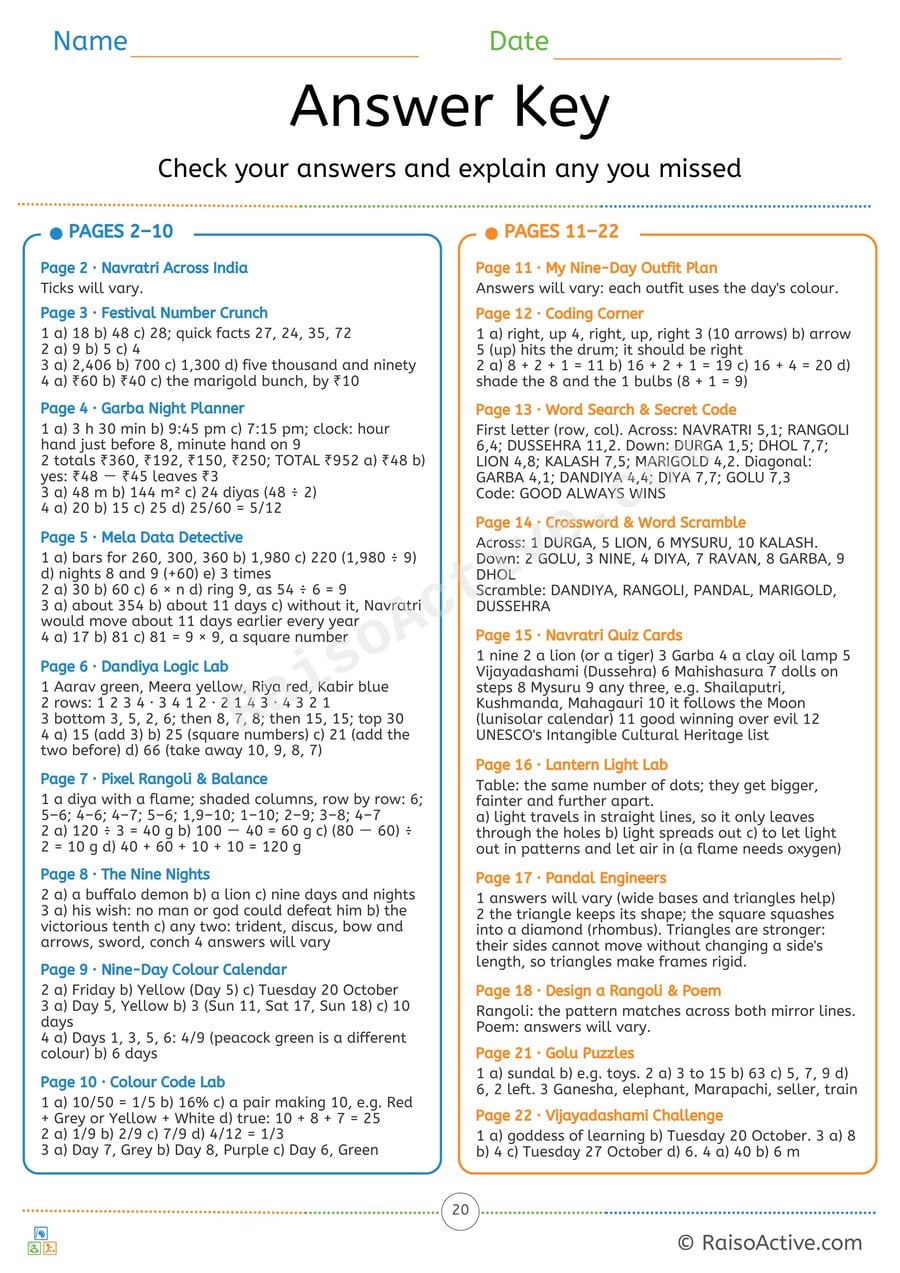 Navratri Festival Quest Answer Key for Grown-ups