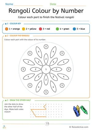 Navratri Rangoli Colour by Number and Symmetry Diya