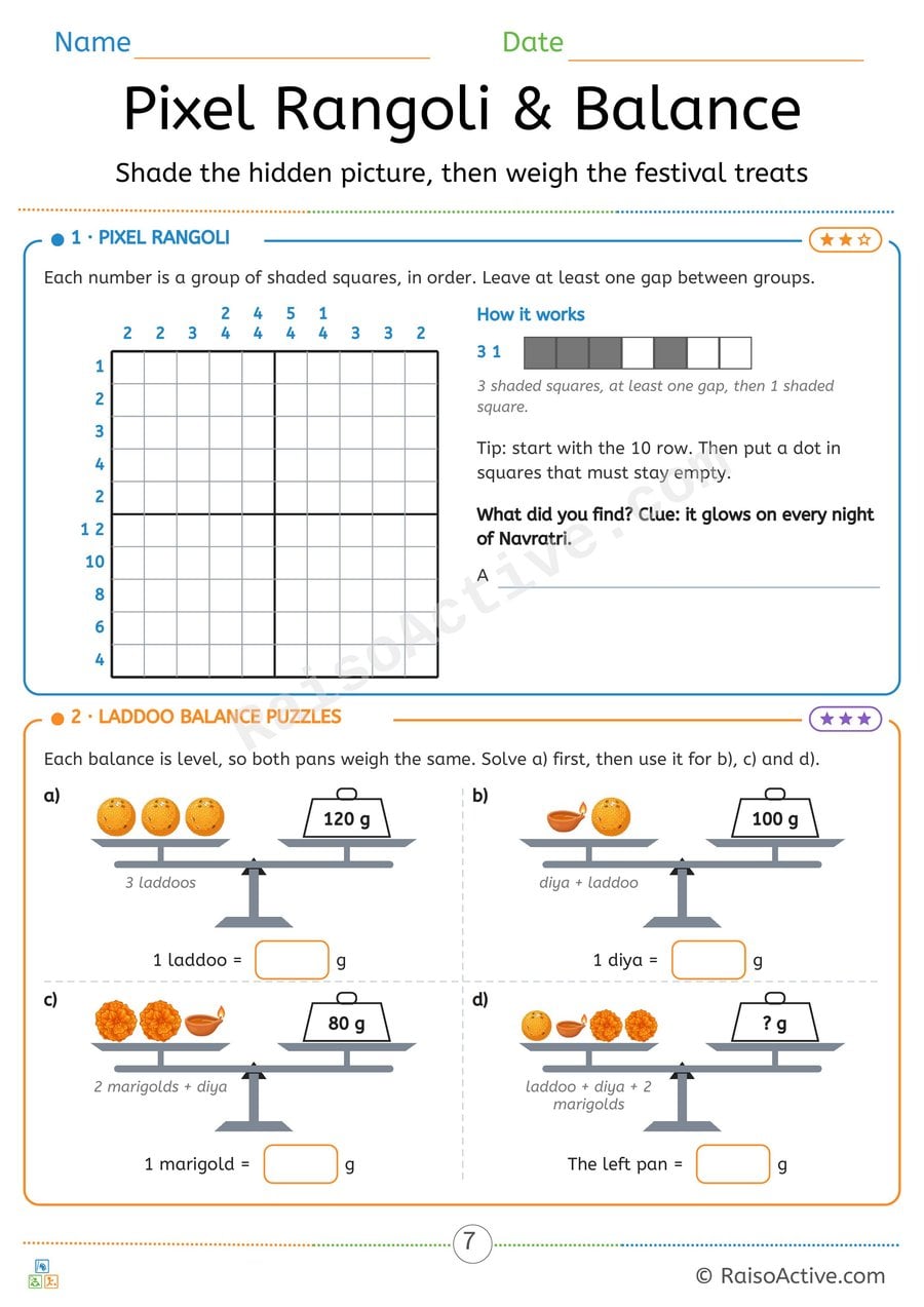 Pixel Rangoli and Laddoo Balance Puzzles for Navratri