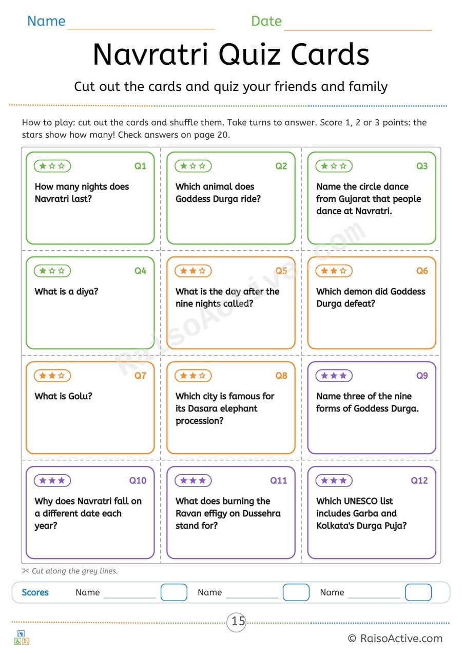 Navratri Quiz Cards: 12 Cut-Out Festival Questions