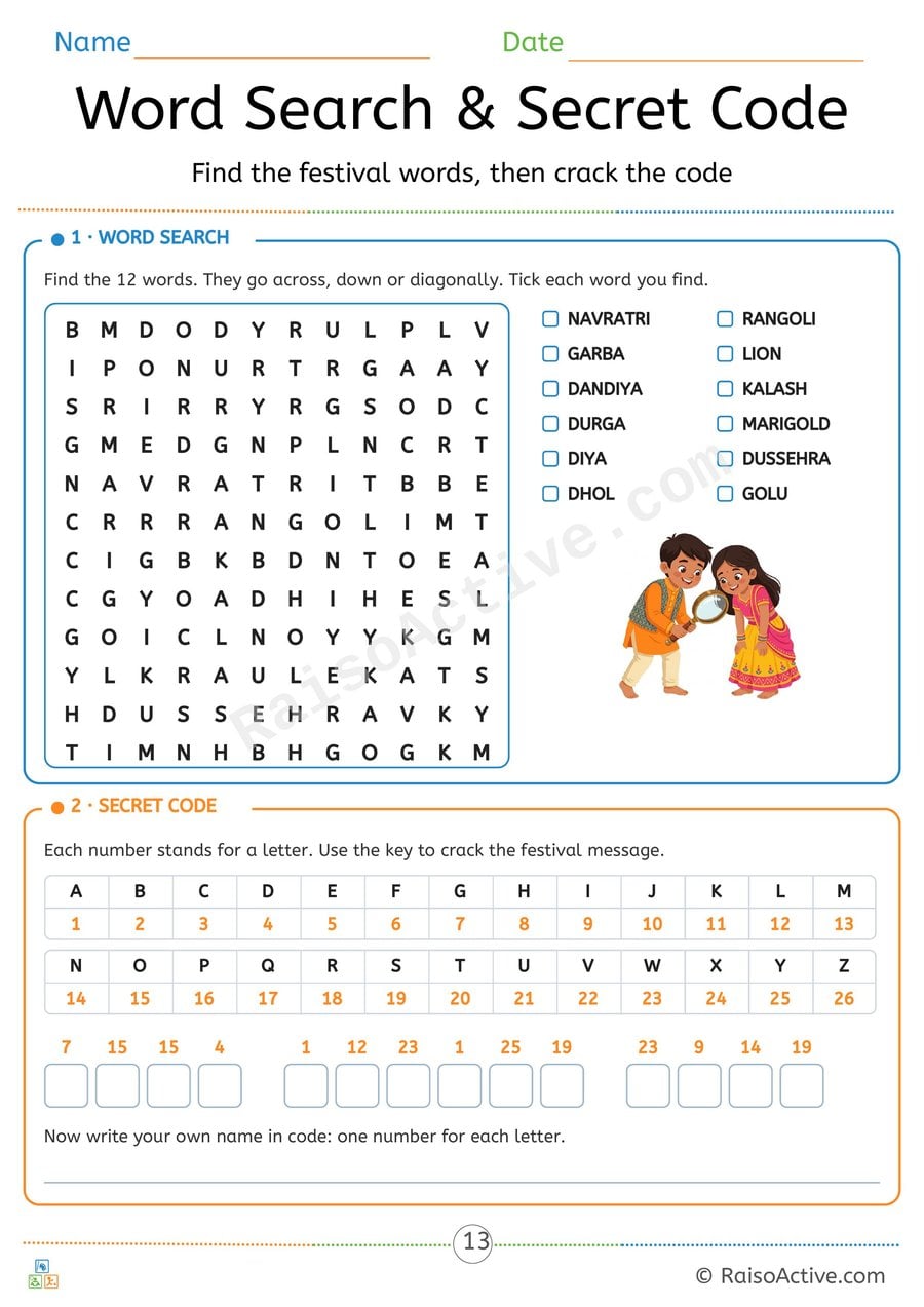 Navratri Word Search and Secret Code Puzzle