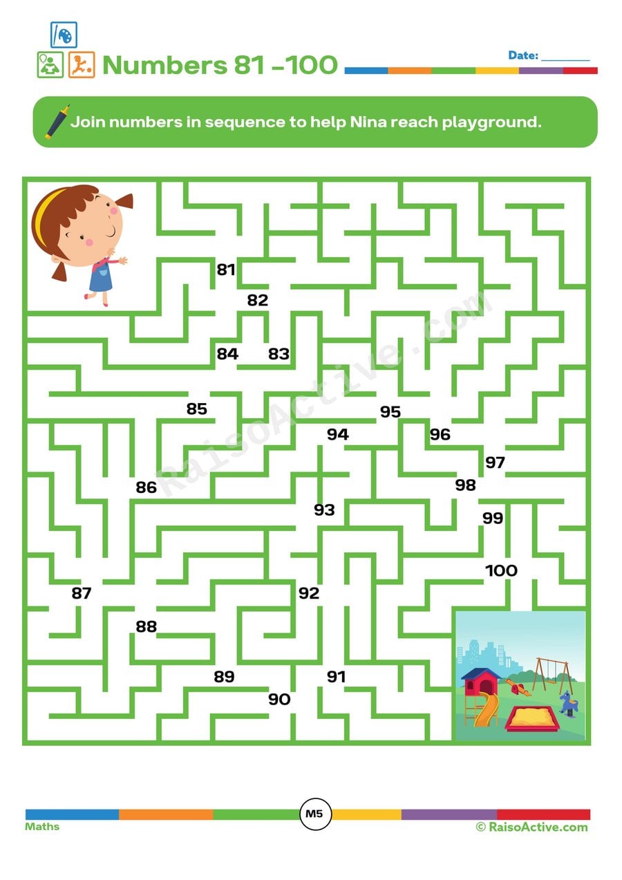 Nina's Playground Maze: Numbers 81-100 Worksheet