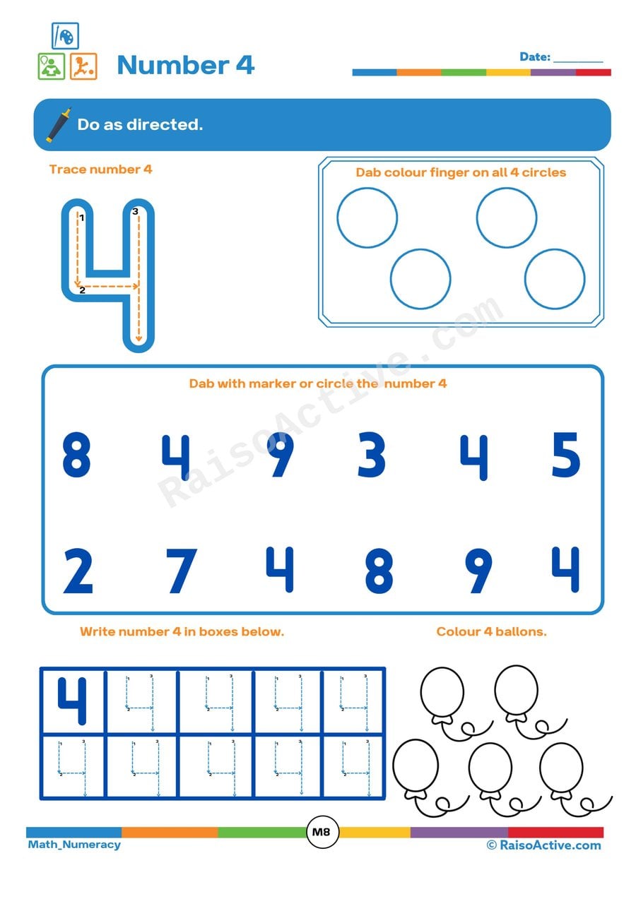 Number 4 Worksheet: Trace, Count, and Write!