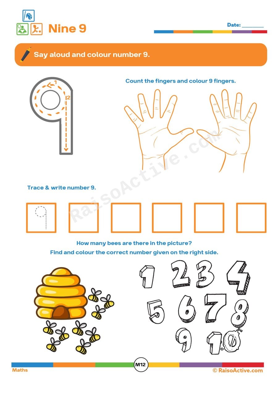 Number 9 Worksheet: Trace, Count, and Color!