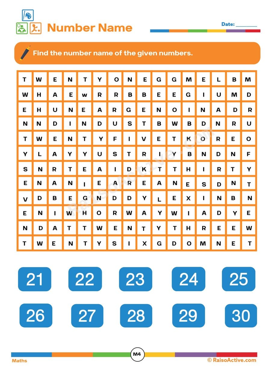 Number Name Word Search Worksheet for Kids