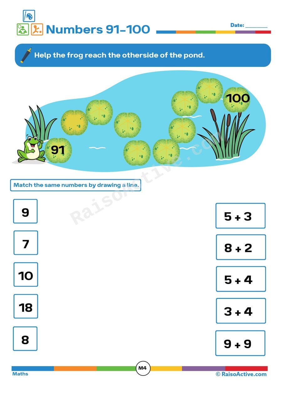 Numbers 91-100 Worksheet: Help the Frog!