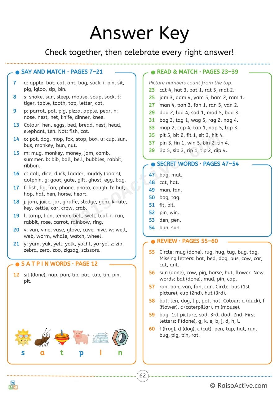 Phonics Level 1 Answer Key