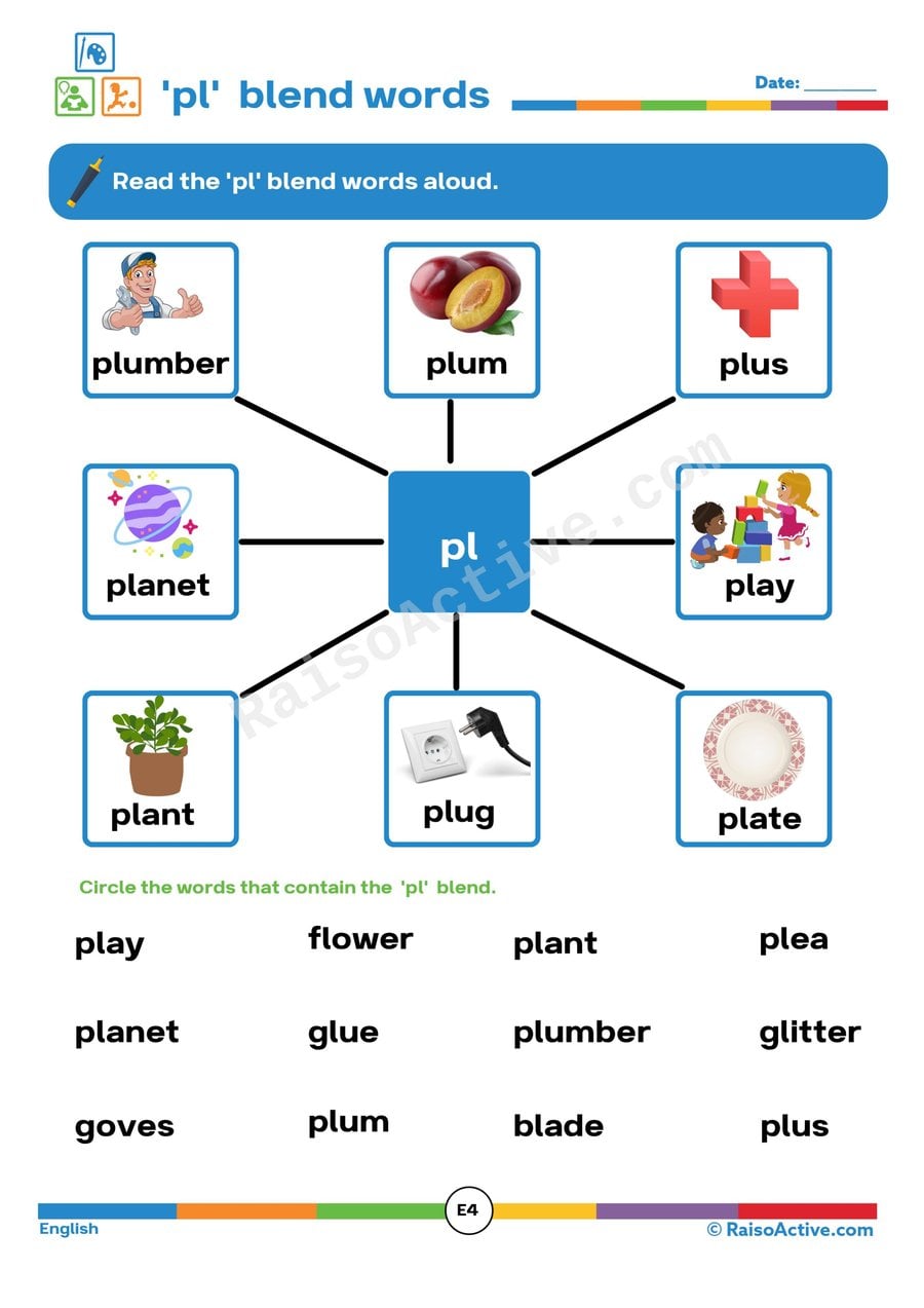 Pl Blend Words Worksheet for Preschoolers