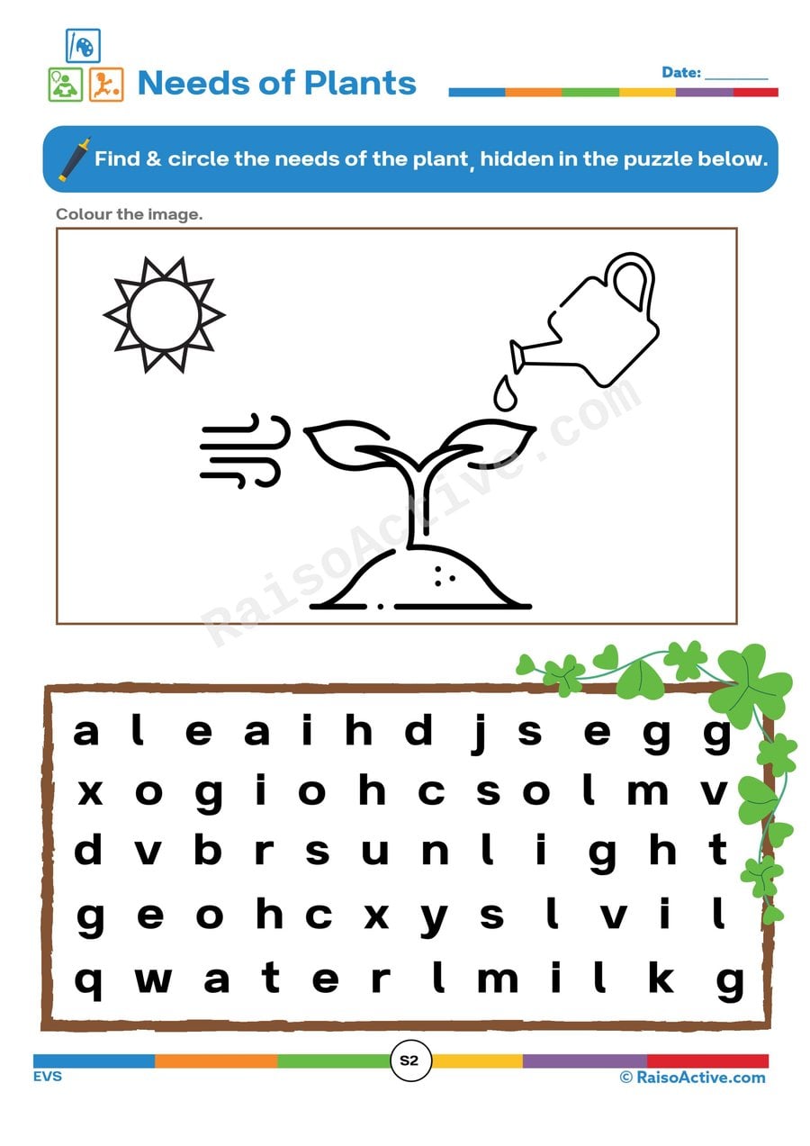 Plant Needs Word Search Worksheet for Kids