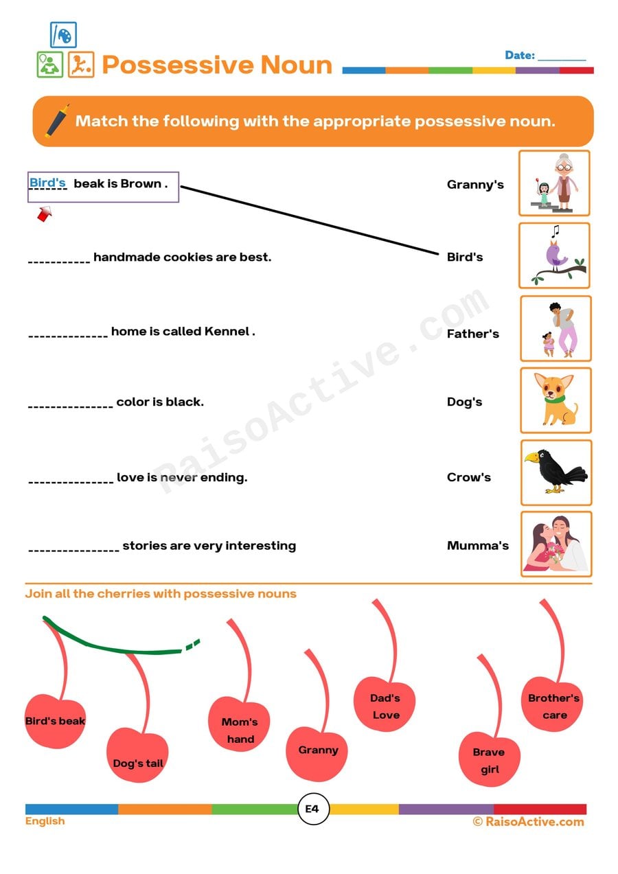 Possessive Noun Matching Worksheet for Kids