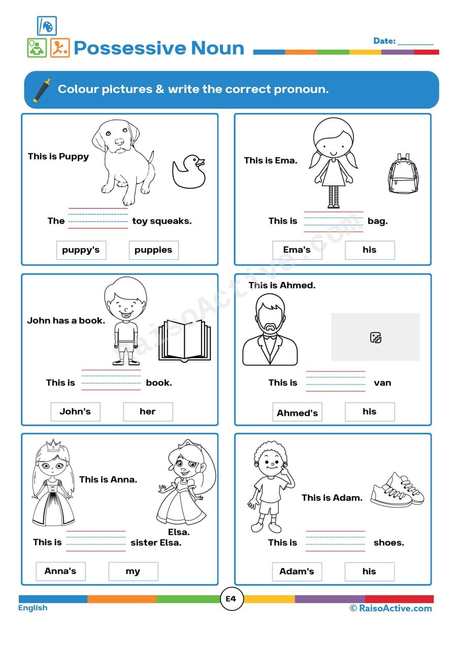 Possessive Nouns Worksheet: Color and Write!
