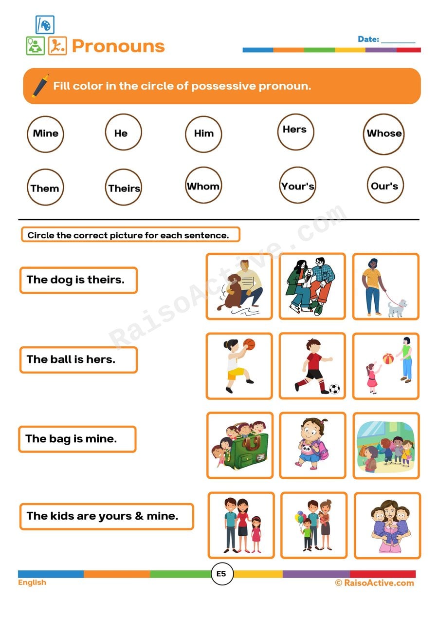 Possessive Pronouns Worksheet: Circle and Match!