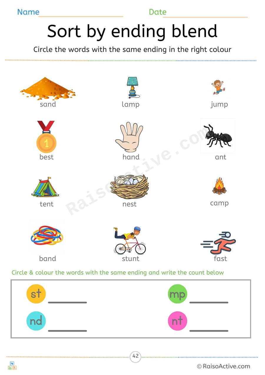 Sort by Ending Blend Worksheet: st, mp, nd and nt