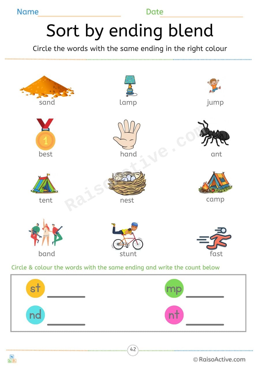 Sort by Ending Blend Worksheet: st, mp, nd and nt
