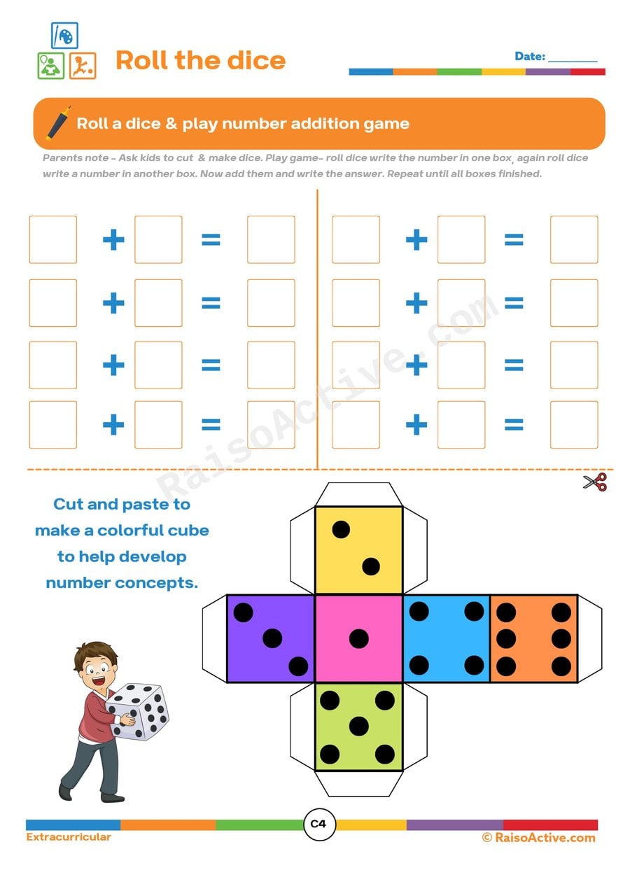 Roll the Dice Addition Worksheet for Kids