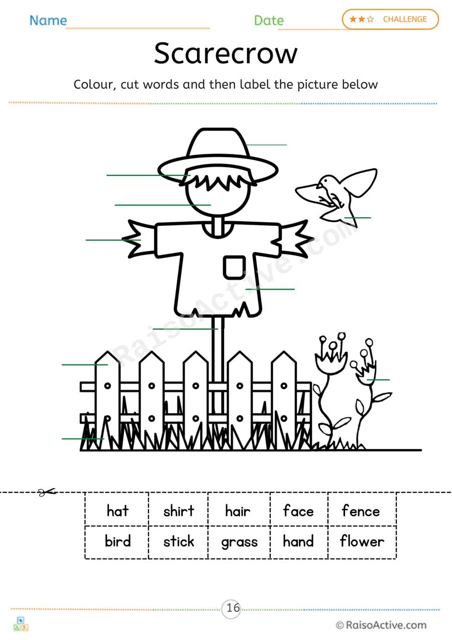 Scarecrow Labeling Worksheet for Preschoolers
