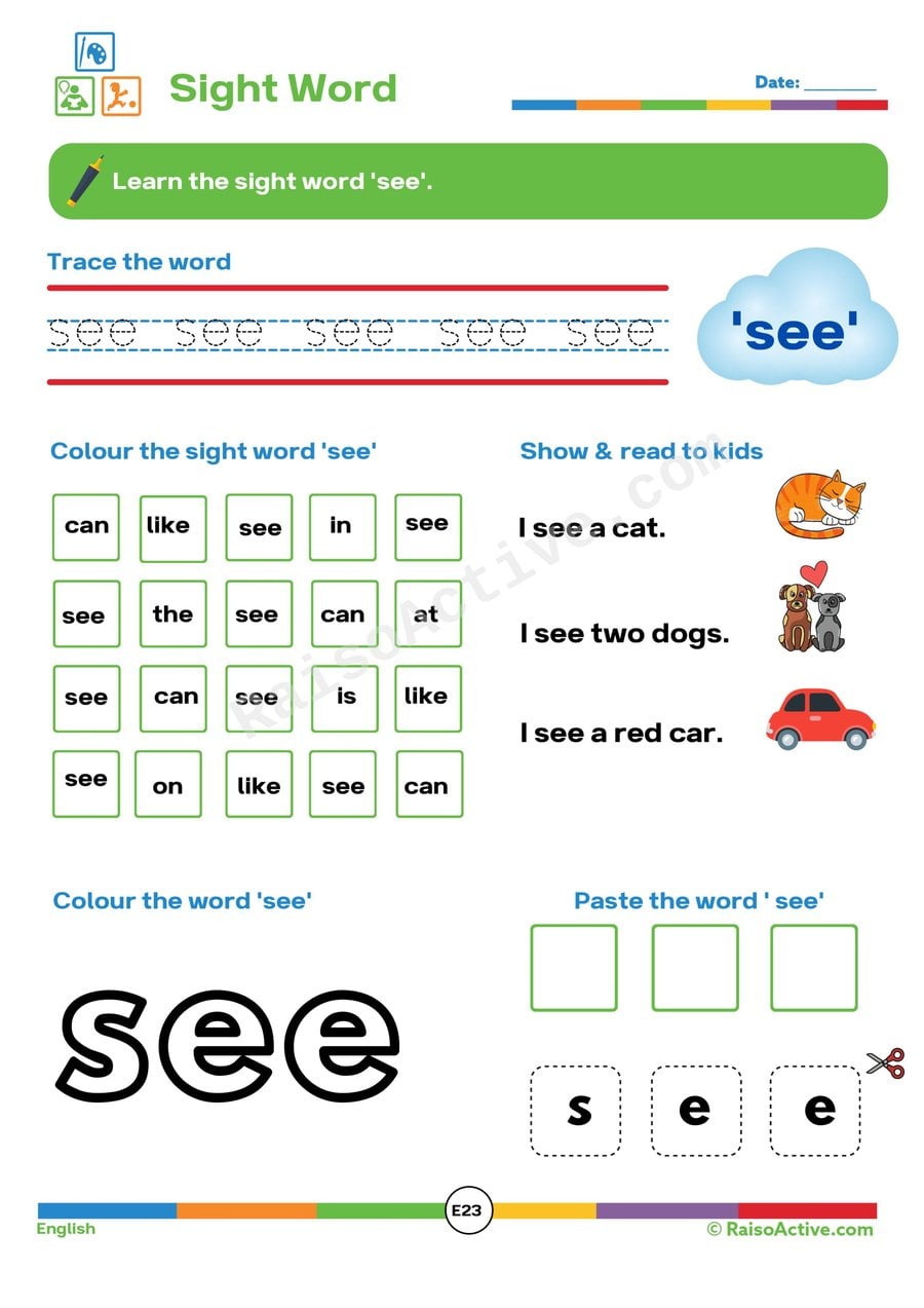 See Sight Word Worksheet: Trace, Color, and Paste!