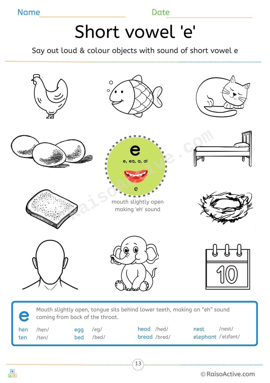 Short Vowel e Say and Colour Worksheet