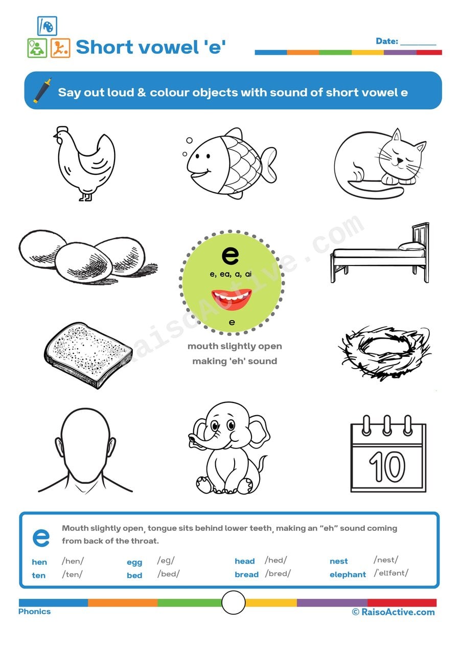 Short Vowel 'e' Worksheet: Say, Color, and Learn!