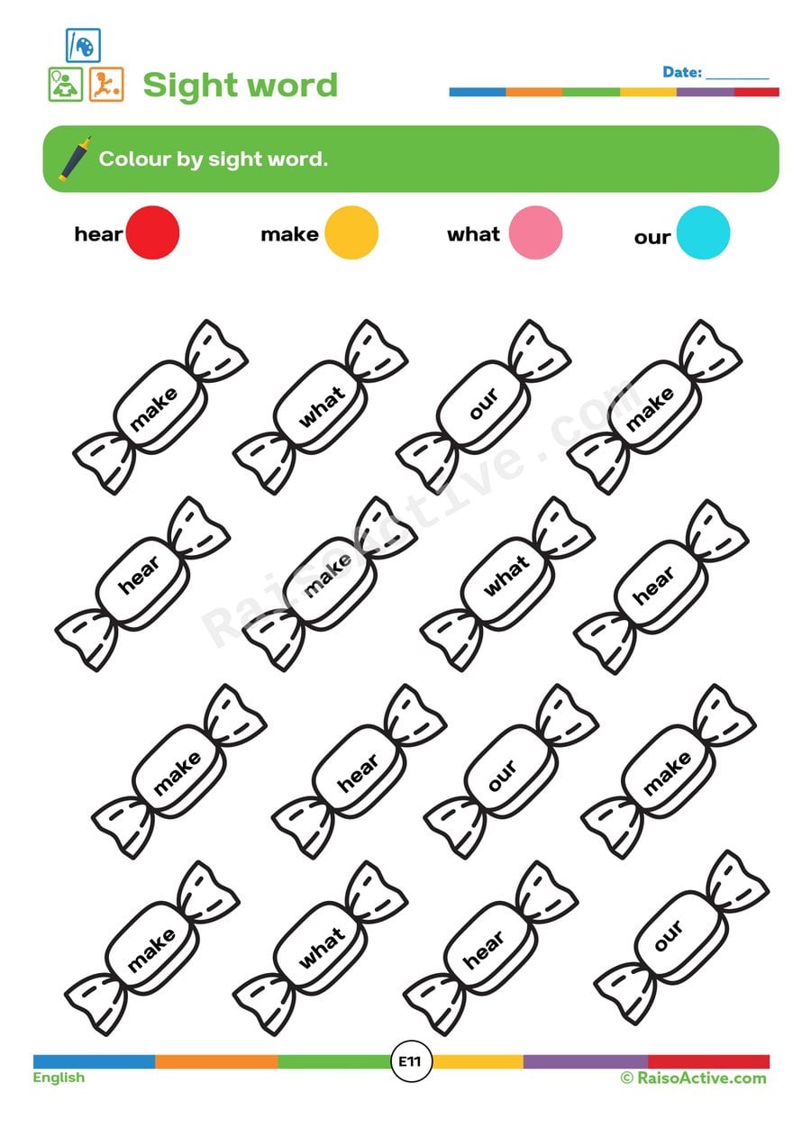 Sight Word Coloring Fun: Hear, Make, What, and Our!