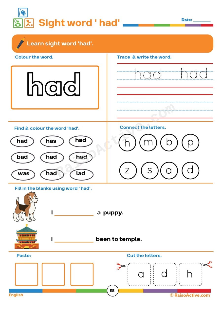 Sight Word 'had' Worksheet: Trace, Find, and Write!