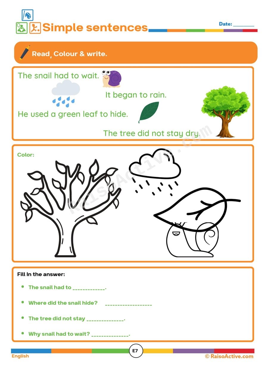 Simple Sentences Worksheet: Read, Color, and Write!