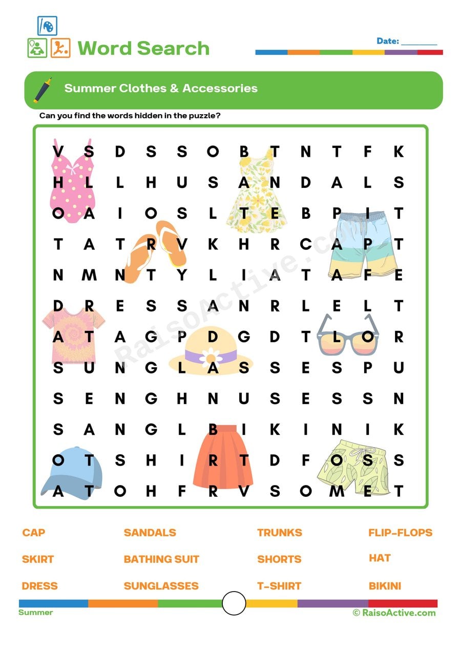 Summer Clothes Word Search Worksheet for Kids