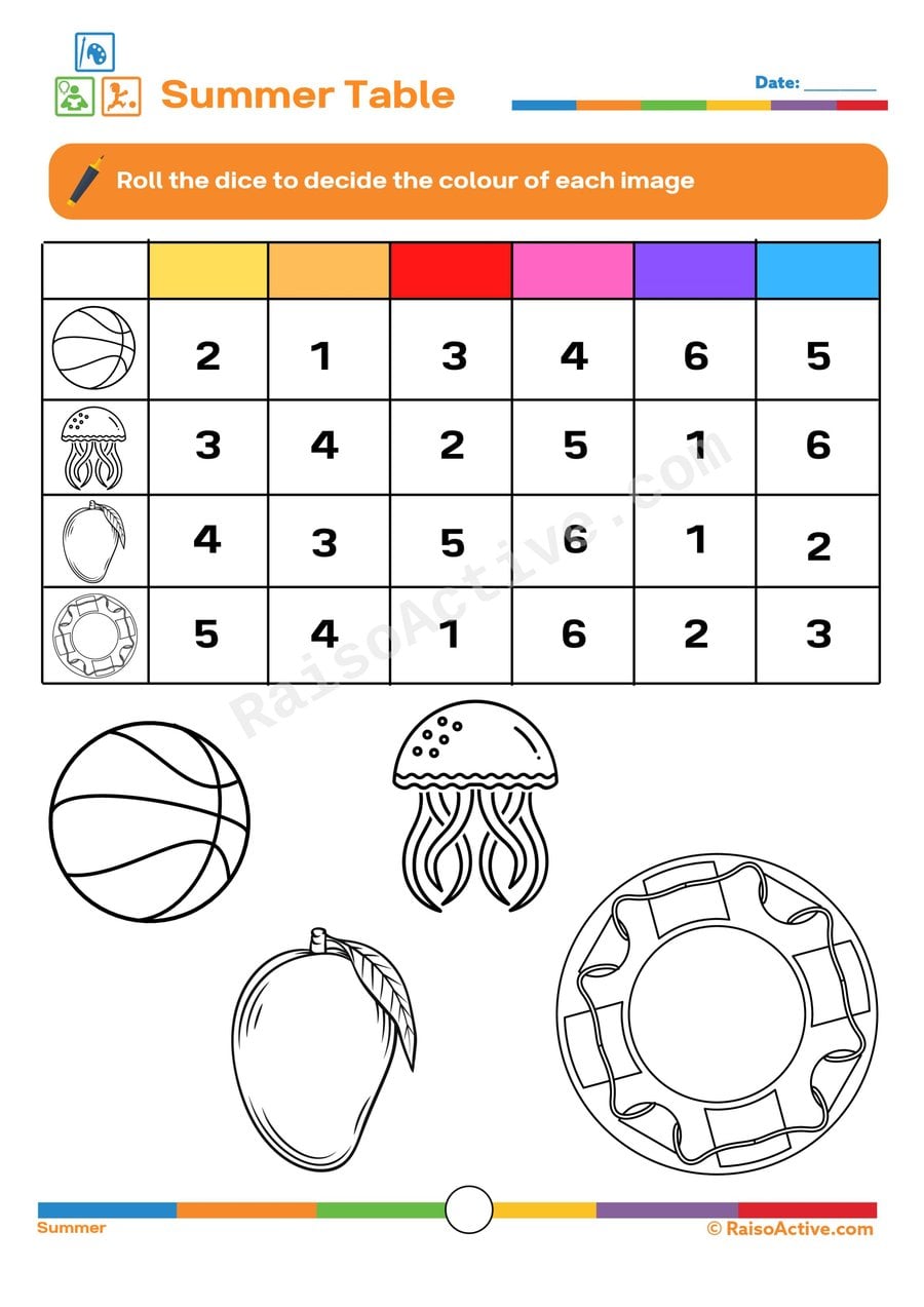 Summer Colors Worksheet: Roll the Dice and Color!
