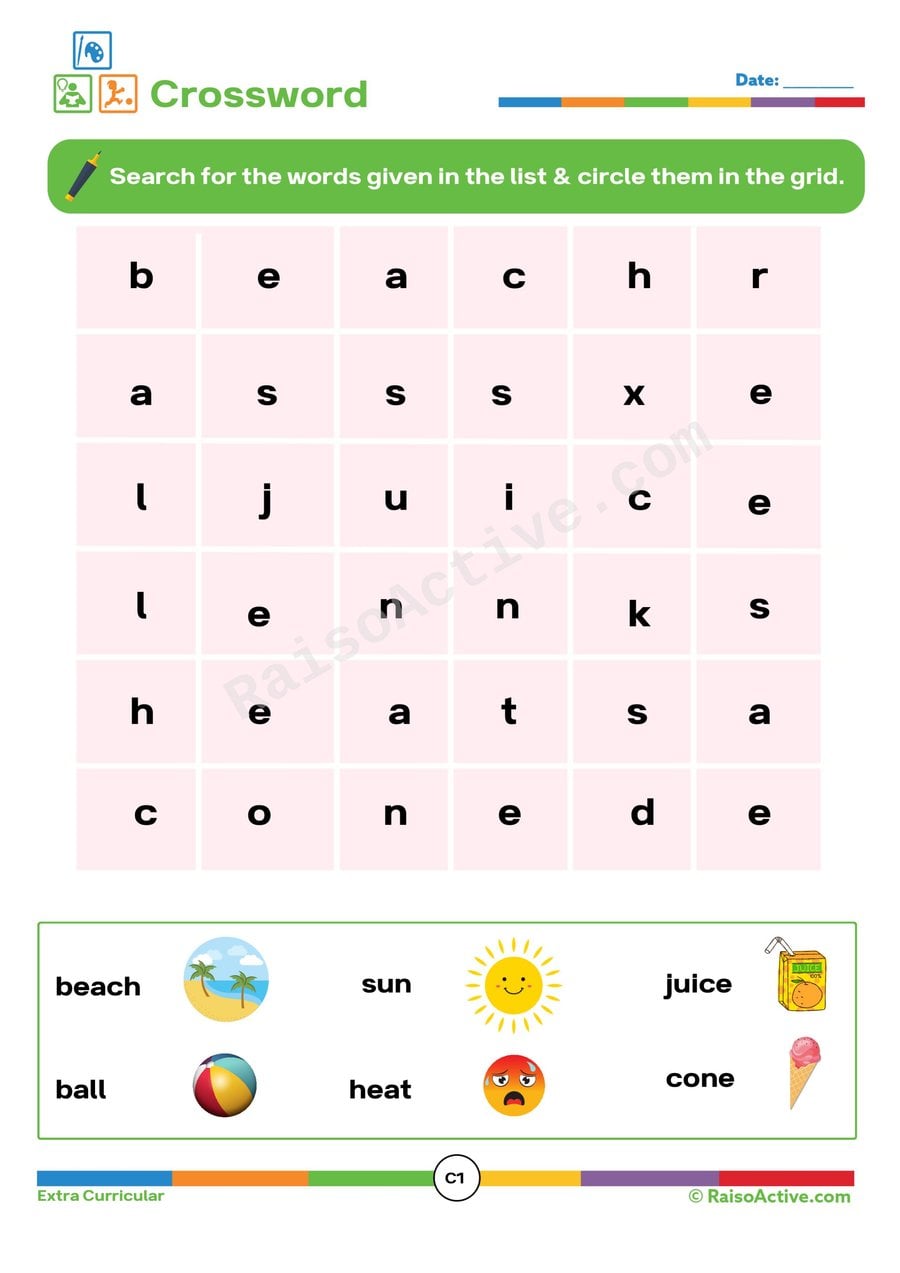 Summer Fun Crossword Puzzle Worksheet for Kids