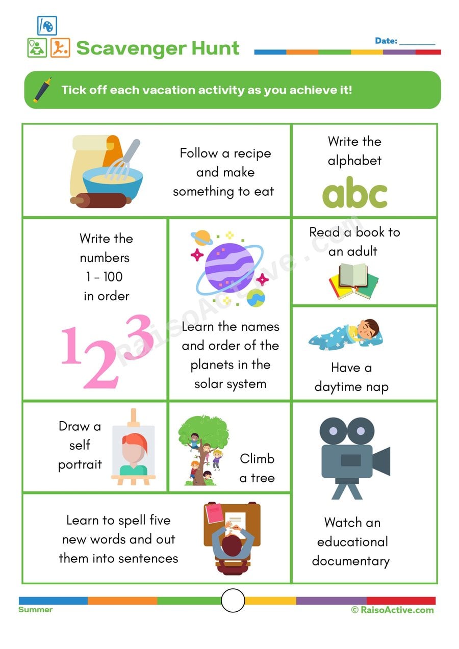 Summer Scavenger Hunt Worksheet for Kids