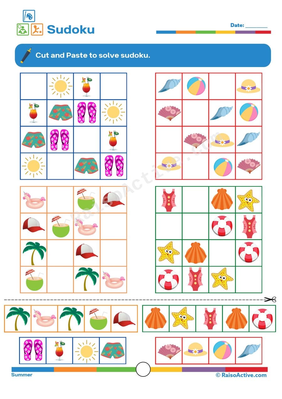 Summer Sudoku: Cut and Paste Worksheet for Kids