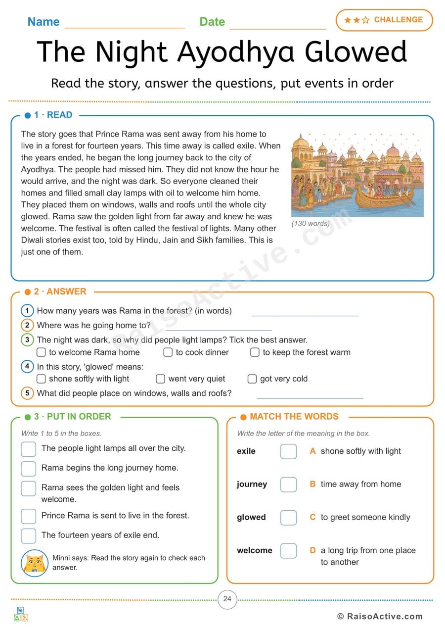 The Night Ayodhya Glowed: Diwali Reading Comprehension Worksheet