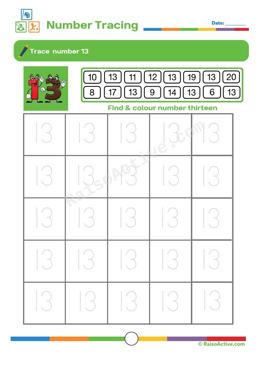 Trace Number 13 Worksheet for Preschoolers