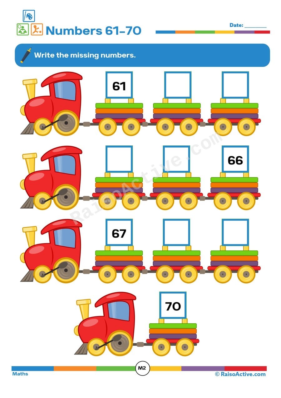 Train Tracks: Missing Numbers 61-70 Worksheet