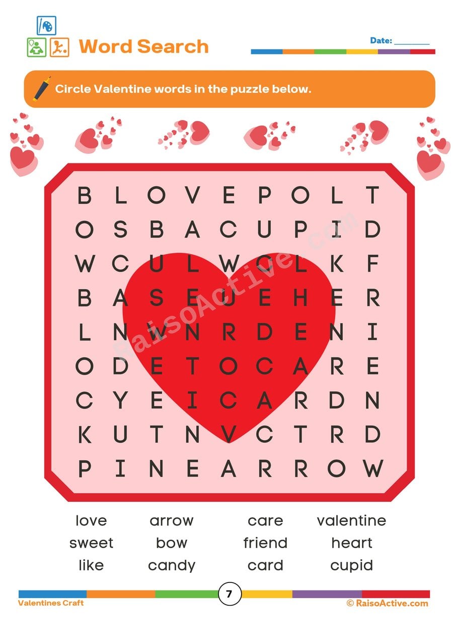 Valentine's Day Word Search Worksheet for Kids