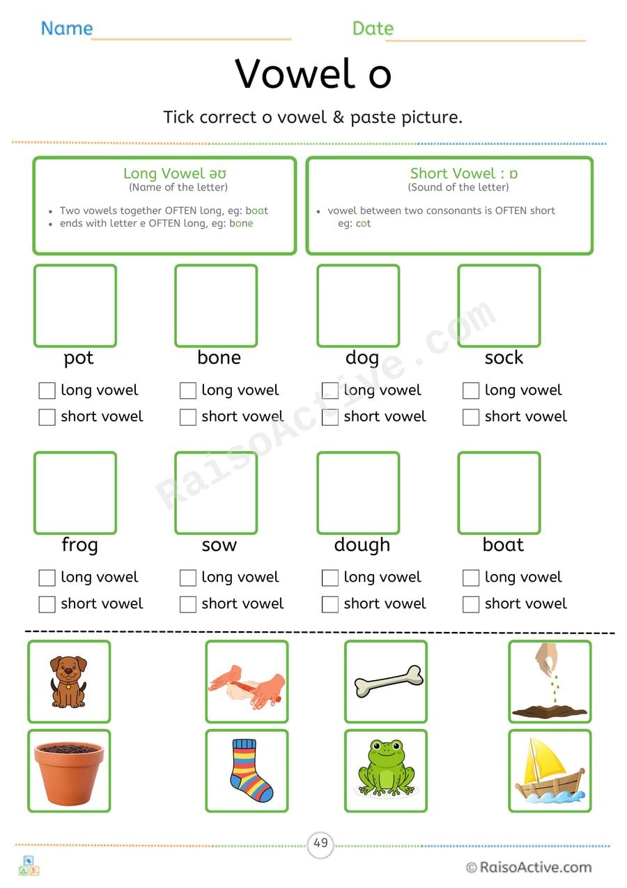 Long or Short Vowel o Tick and Paste Worksheet