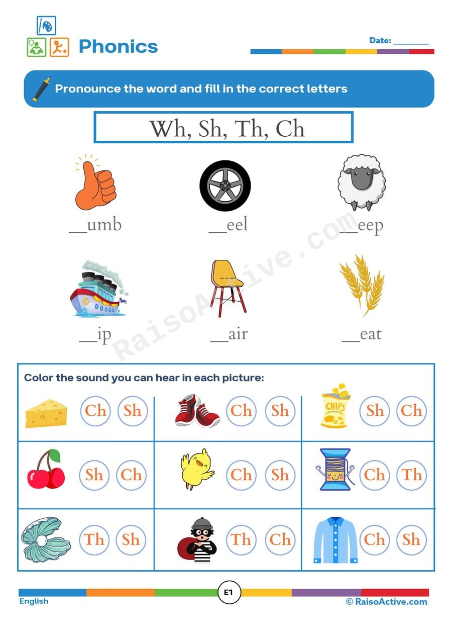 Wh, Sh, Th, Ch Sounds Worksheet for Preschoolers