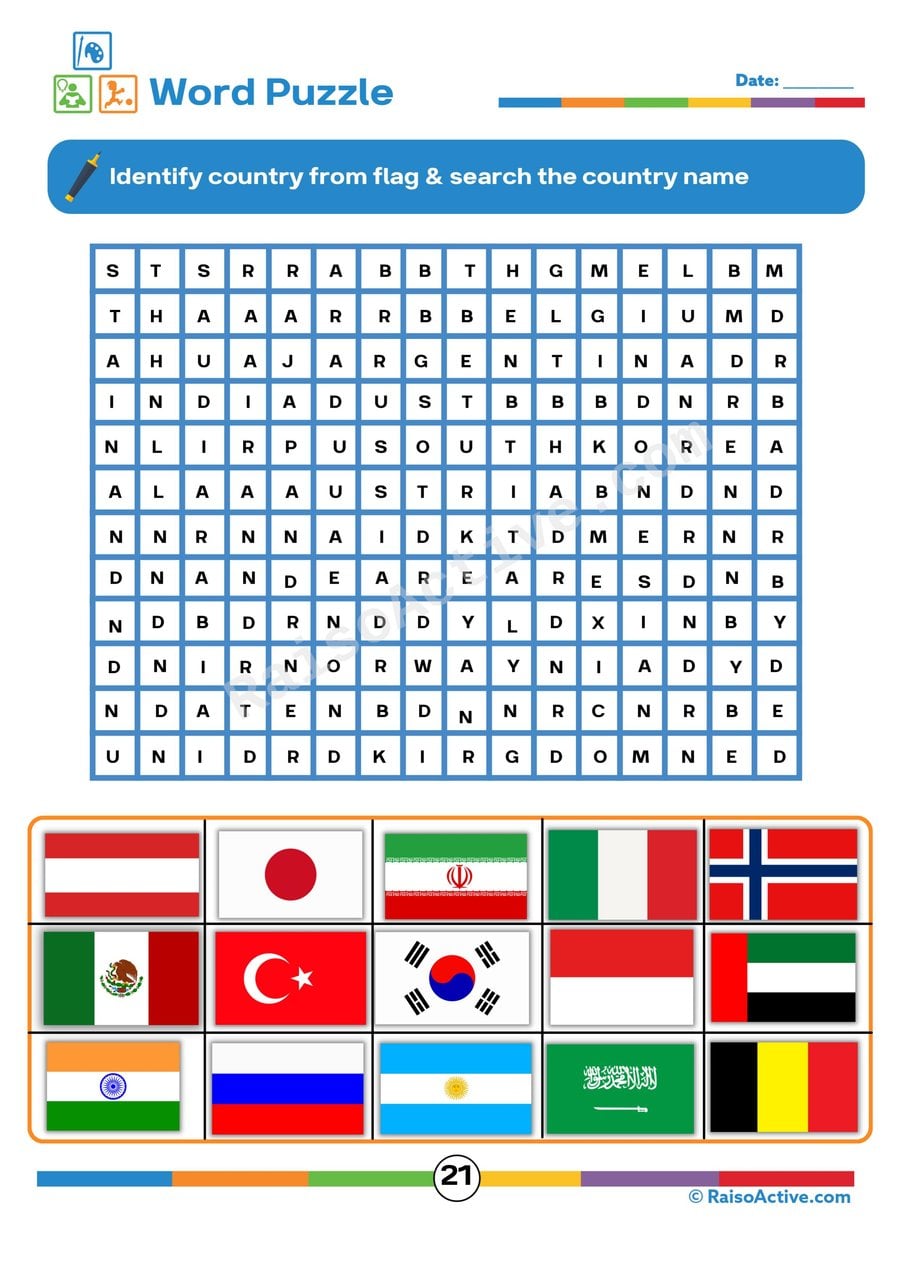 World Flags Word Search Worksheet for Kids