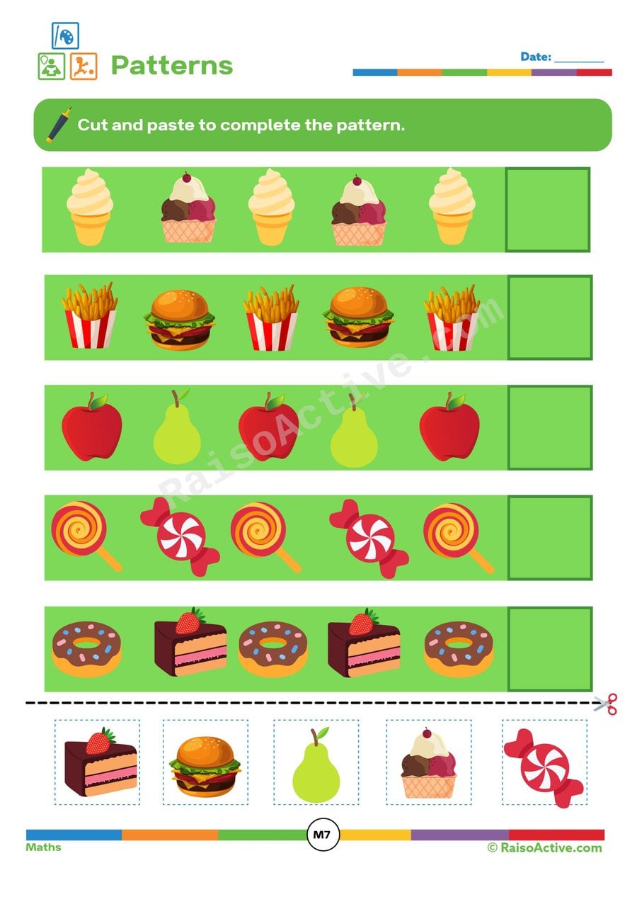 Yummy Food Patterns Worksheet for Preschoolers