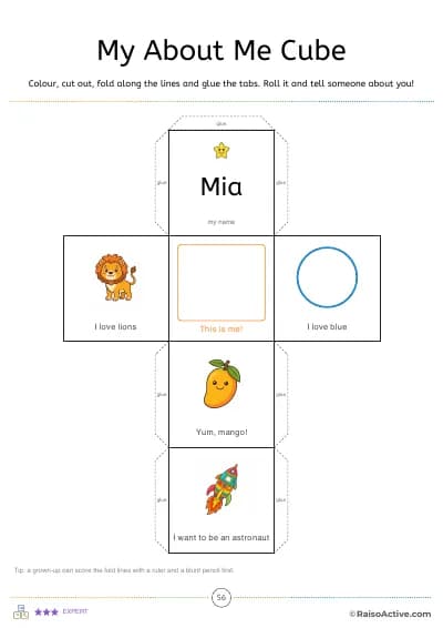 An About Me cube to colour, fold and roll