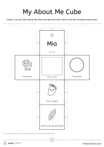 The About Me cube in black & white, ready to colour