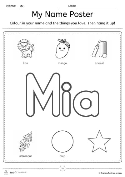 My name poster in black & white, ready to colour