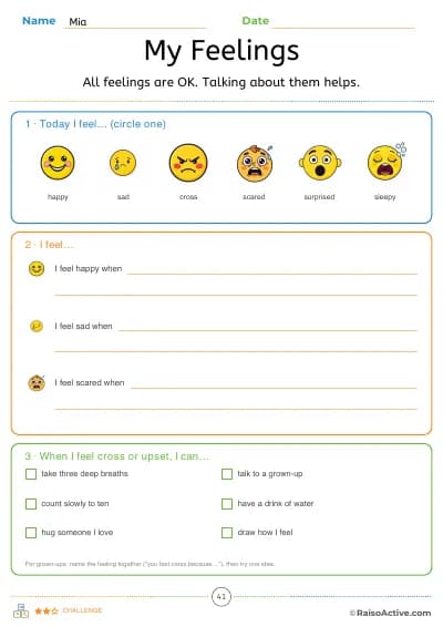 My feelings: naming feelings and ways to calm down