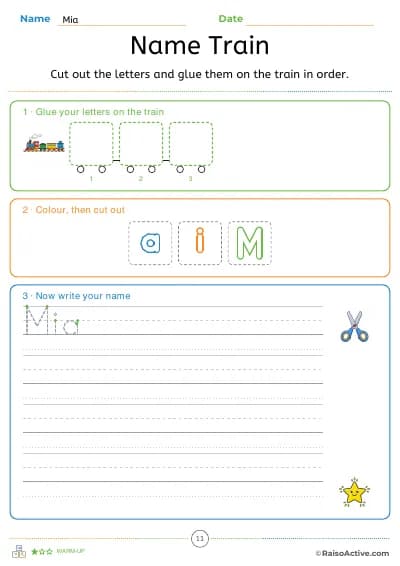 Name train: cut out the letters and glue them in order
