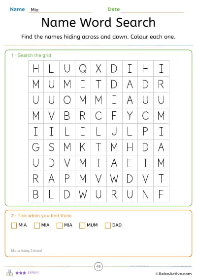Word search with the name and family names hidden